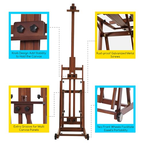 MEEDEN Studio H-Frame Easel -Adjustable Beech Wood Studio Art Easel, Painting Floor Easel Stand, Movable and Tilting Flat Available, Holds Canvas Art up to 77",Classic Walnut - style: Walnut