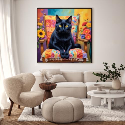 Paint by Numbers Kit for Adults, Black Cat Number Painting, 16 x 16 Inch | DIY Adult Paint by Number Kit on Canvas for Beginners, without Frame, Black Cat Wall Decor, Stress Relief Craft Gift - color: TRTDNF1P401