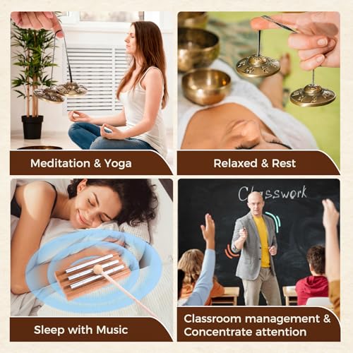 Meditation Instruments Set - Perfect for Classroom Management, Yoga, Prayer | Includes Tibetan Tingsha Cymbals, Three-Tone Chime Bell with Mallet, 2 Tibetan Drawstring Bags