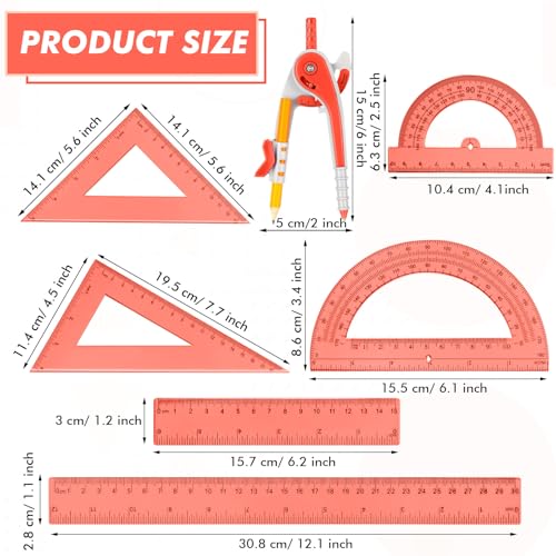 Zonon 1 Set Plastic Geometry Math Set 7 Pcs Includes 6'' / 4 '' Protractor, Drawing Compass, 45/60 Degree Triangle Rulers, 12'' / 6'' Math Ruler Transparent for Office Supplies(Orange) - color: Orange