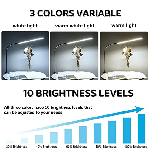 Desk Lamp with Clamp, 3 Modes 10 Brightness 360° Rotation Eye-Caring Reading Light,8W Long Flexible Gooseneck, Architect Task Lamp, USB Clamp Light for Home Office Manicure Reading - color: Trichromatic Light