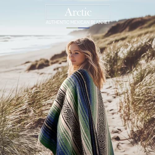 Hydration Nation Authentic Large Handwoven Mexican Blanket - Soft Yoga- Durable Serape- Lightweight Falsa, Beach, Camping, Picnic, Outdoor Blanket 70"x50" - Arctic - color: Arctic