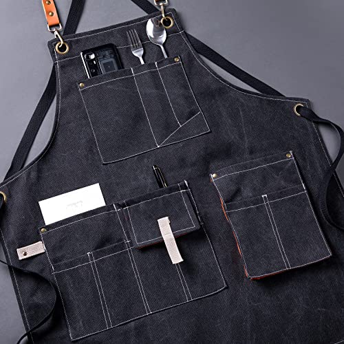 Aoomzoon Canvas Aprons for Men Chef Apron, Work Apron with Large Pockets - 16oz Heavy Duty Cross Back, BBQ, Cooking - color: Black