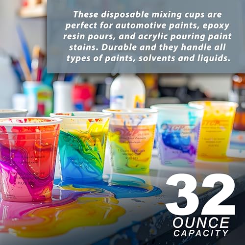Custom Shop Paint Mixing Cups, 32-Ounce (12 Pack) - Plastic Measuring Cups for Liquids, Automotive Painting, Epoxy Resin, Acrylic Arts, Crafts, Disposable or Reusable, Graduated, Mixing Ratios | For Liquids, Automotive Painting, Epoxy Resin, Acrylic Arts,