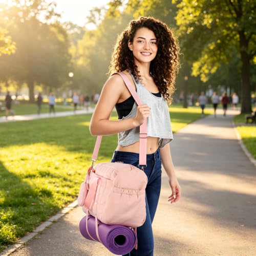 Large Gym Bag for Women, Puffy Sports Duffel Bag with Yoga Mat Holder - color: Pink, size: Large