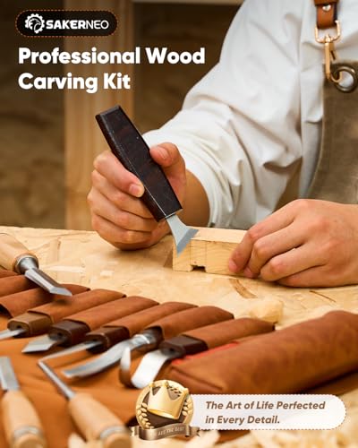 SakerNeo 25-Piece Wood Carving Kit Whittling Kit with Leather Storage Bag | Wood Carving Tools wood carving set Includes Gouges, Chisels, Knives – Ideal Woodworking Set for Beginners & DIY Gift - color: Brown 25pcs