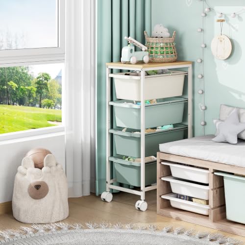 KINGBOARD Slim Rolling Cart with 4 Drawers, Metal Utility Storage Cart | Wooden Tabletop, Lockable Wheels, Table Side Trolley for Bedroom, Children's Room and Office Organization, Green - color: Green, size: 4-Tier