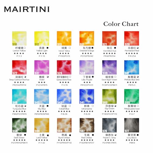 Mairtini Academy Grade Brilliant Series “Oriental Charm” Half-pan Solid Watercolor Paint 24 Colors Set with Red Iron Case