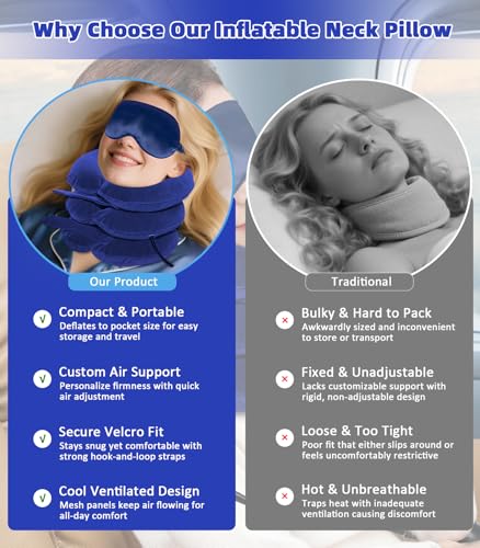 Adjustable Inflatable Cervical Traction Device, Soft Neck Stretcher Support Pillow with Sleep Eye Mask-Blue