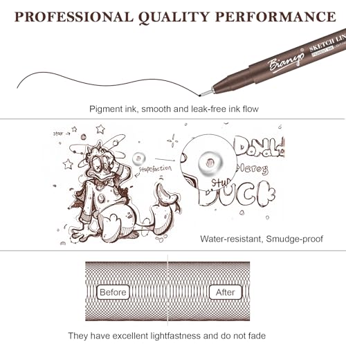 Bianyo Sepia Tone Drawing Pen Set, 12 Assorted Sizes Sketch Liner, Water-Resistant Archival and Pigment Ink Art Pens, Precision Drawing and Sketching Kit - color: Sepia, 12pcs