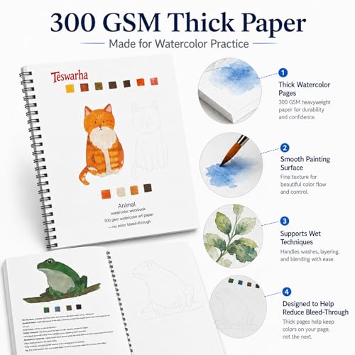 Teswarha Animals Watercolor Workbook With12 Sheets 300GSM Art Paper 16 Colors Watercolor Paint Set with 2 Watercolor Brushes Water Coloring Book Kit for Adults Teens 8.2 x 9.8in - color: Green