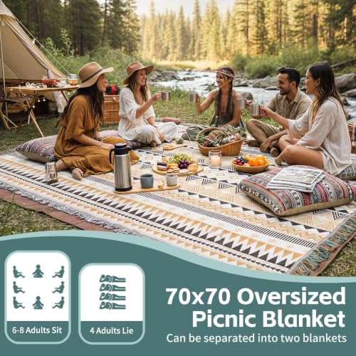 RYCHIC 2 in 1 Extra Large Boho Beach Blanket Towel Giant Woven Outdoor Rug Picnic Mat Camping Gear Cruise Essential 2026 Summer Vacation Must Have Travel Accessories Costa Rica Hawaii Trip Stuff - color: Boho Brown