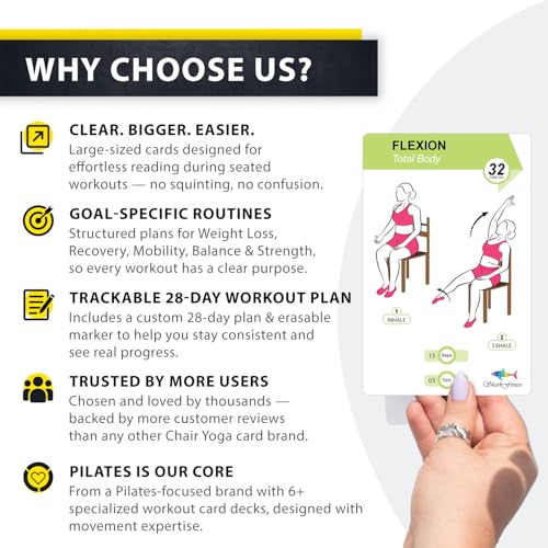 Flexies Chair Yoga Workout Cards – 58 Seated Exercise Cards for Beginners & Seniors | 28 Day Chair Workout Chart for Weight Loss, Strength, Flexibility & Balance