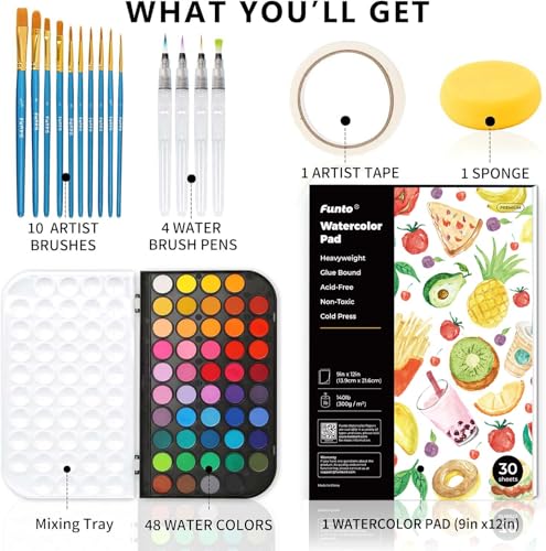 Funto Watercolor Set, 48 Color Paint Set, 10 Brushes, 30 Page Pad(9"x12"), 4 Refillable Pens & More, Painting Kit for Kids, Adults, Beginners - style: 48 Kids Set