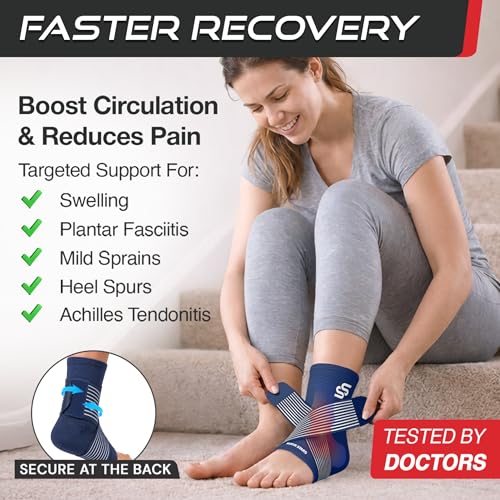 Sleeve Stars Ankle Brace for Women & Men, Ankle Wrap for Sprain, Compression Sleeve for Plantar Fasciitis Relief, Easy Customizable Support: w/ Removable Strap (Single/M:10"-12"/Navy Blue) - color: Navy Blue, size: Medium