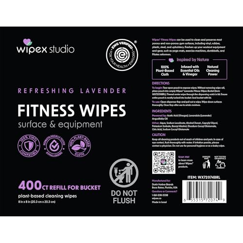 Wipex Gym Wipes for Equipment Bundle, EWG Verified, Get 800 Wipes with (1) Lavender Bucket & (1) Plant-Based Refill Roll, Clean Surfaces & Mats, Safe Gym Cleaner - size: 400 Count (Pack of 2), style: Bundle: Lavender Bucket & Refill