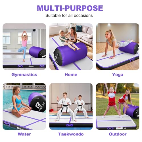 FBSPORT Inflatable Air Gymnastics Mat 4 inches Thickness and Air Roller 40x23.6 inches with Electric Air Pump 10ft/13ft Training Mats for Home Use Cheerleading Outdoor Training Park Yoga Beach - color: Purple, size: Mat: 13ft x 3.3ft x 4in | Roller: 39.37