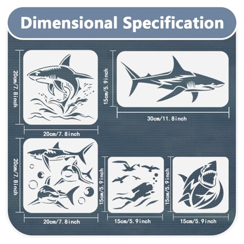 5Pcs Ocean Shark Stencils, Reusable Painting Templates | Multi-Size Plastic Craft Stencils, Shark Marine Wall Stencils, DIY Home Decor Templates for Wood Wall Floor Fabric Furniture - style: Shark