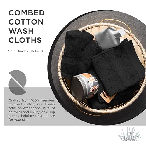 Villa Celestia 100% Cotton Wash Cloth for face & Body Set of 12, (12 x 12 inches) Sustainable, Soft, Highly Absorbent, Combed Cotton Wash Cloths Pack of 12 for Hotels, Spa, Bathroom, Dorm, Black - color: Black, size: Washcloth - Pack of 12