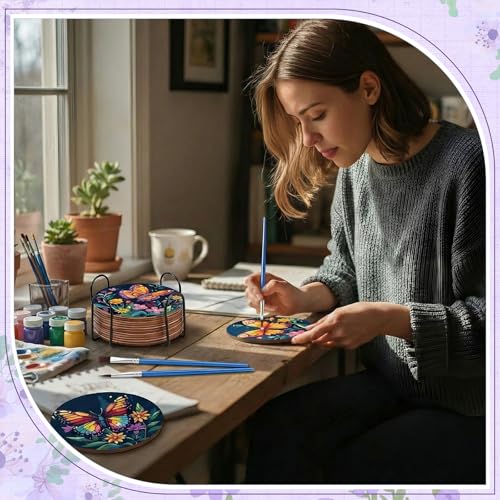 Reallnaive 8 Pcs Butterfly Flower Paint by Numbers Kit Coaster for Adults | Mini Paint by Numbers, Tiny Floral Round Oil Painting Drink Coaster with Holder, for Small DIY Craft Birthday Gift - style: Butterfly Flowers
