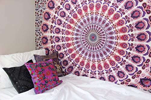 Popular Handicrafts Tapestry Wall Hanging Hippie Mandala Bohemian Hippy Psychedelic Design Indian Peacock Meditation Gypsy Tapestries Bedspread 30 x 40 Inches (76 x 101 cms), Blue - color: White - Pink, size: 40"L x 30"W