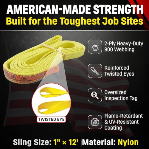 DD Sling 1 Inch x 12 Foot Nylon Lifting Sling – USA Made, 3,200 lb Vertical, 2,600 lb Choker, 6,400 lb Basket – 2-Ply Heavy Duty 900 Webbing, Type 4 Twisted Eye & Eye Rigging Sling, Safety Orange - size: 1 in x 12 ft