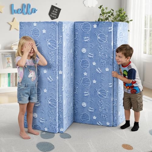 MeMoreCool Kids Floor Mattress, 48x72 Inch Foldable Play Mat, Outer Space - color: Denim Planet