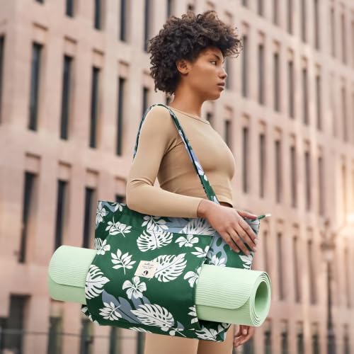 WLLWOO Yoga Mat Carrier Bag for Women Canvas Carryall Tote Gym Pilates | Large Holder Zipper Shoulder for Beach Travel Workout Fitness Office - color: Dark Green Leaf