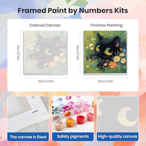 HEIBAGO 4 Pack Framed Paint by Numbers Kit for Adults Beginner, Adult Paint by Number Kits Cute Black Cat, DIY Paint by Numbers for Adults,Small Easy Acrylic Oil Painting for Wall Decor 8 x 8 Inch - color: Cute Black Cat