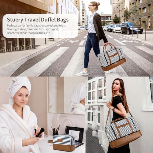 Weekender Bag, Large Travel Duffel Bag for Women, Carry on Overnight Bag with Shoe Compartment and Toiletry Bags - color: B-Blue-White