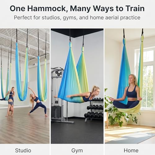 Blue-Green Gradient & Dark Green Aerial Yoga Hammock (400x180 cm / 157"x71"), Soft Silk Swing for Anti-Gravity Yoga, Inversion Therapy, Ideal for Strength, Flexibility Training and Stress Relief - color: Blue-green Gradient