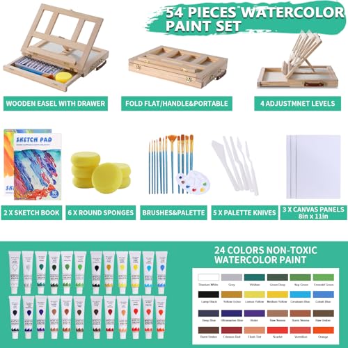 54 Pieces Complete Watercolor Paint Set with Portable Wooden Tabletop Easel | Starter Painting Kit with Tubes, Canvas Panels, Sketch Pads, Brushes, Palette for Beginners, Young Artists and Adults - color: Pinewood color