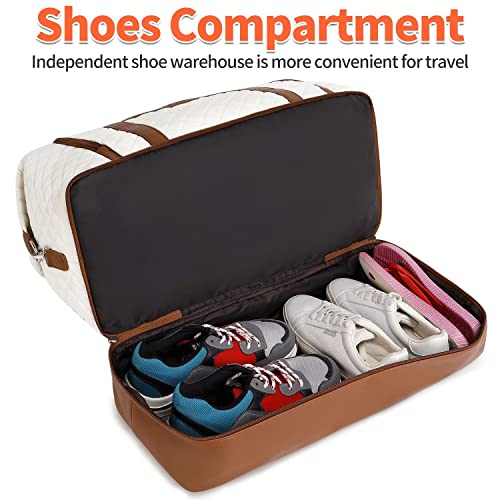 Weekender Bag, Large Travel Duffel Bag for Women, Carry on Overnight Bag with Shoe Compartment and Toiletry Bags - color: White-Brown