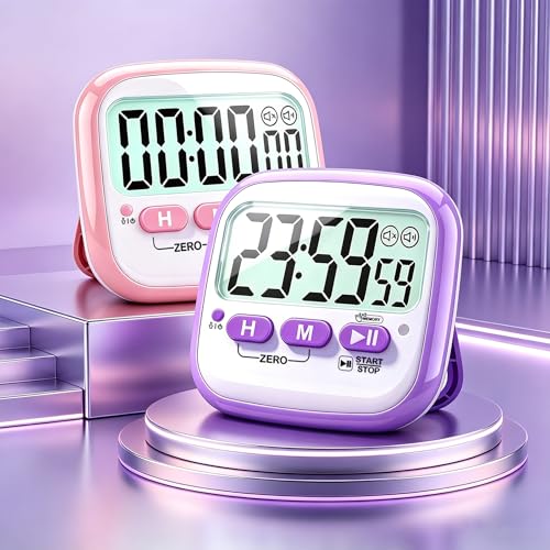 Antonki 2 Pack Classroom Timers for Kids Teachers, Magnetic Countdown Digital Kitchen Timer for Cooking, Study, Exercise, Games, Time Mangement - Loud/Silent Mode - Battery Included - color: 2* Pink & Purple ( Girls Favorite )