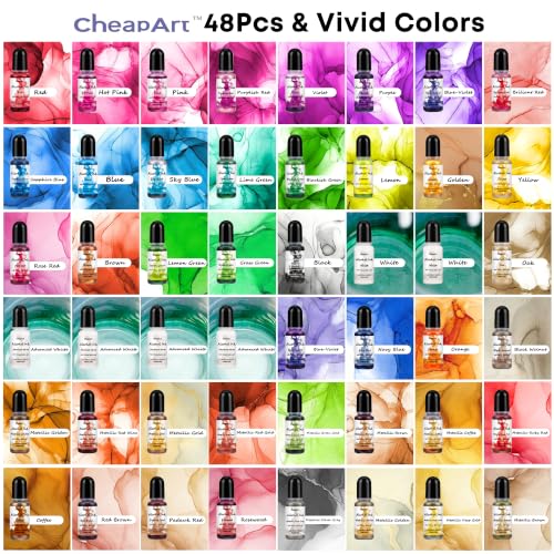 CHEAPART Alcohol Ink Set 48 Vibrant Colors(Each 0.35oz), Paint Resin Dye | Concentrated Fast Drying Pigment, Alcohol-Based Resin Ink for Epoxy Art Tumblers Coasters Acrylic Fluid Painting Crafts - size: 48 PCS