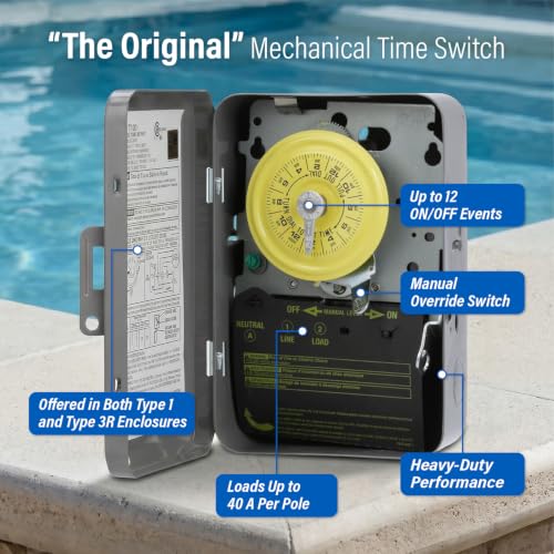 Intermatic T101 24-Hour Mechanical Timer Switch, 120V SPST 40A, Indoor | Heavy-Duty Mechanical Time Switch, Indoor Metal Enclosure, Manual Override, Ideal for Lights, Pumps, Fans, and HVAC Systems - size: 1-Pack