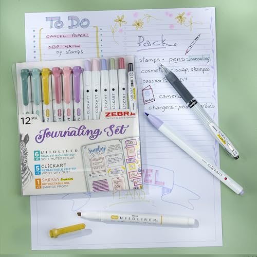Zebra Pen Journaling Set, MILDLINER, CLiCKART & SARASA, Assorted, 12-Pack | Includes 6 MILDLINER Highlighters, 5 CLiCKART Felt Tip Pens & 1 SARASA MarkOn Pen, Ideal for Bible Study & Note-Taking (14012 - style: Creative Journaling Set 10 Pack
