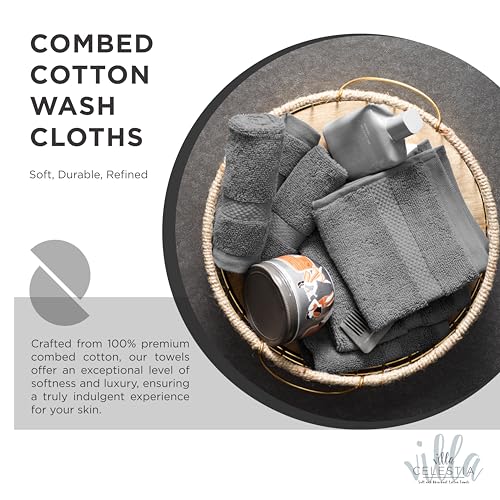 Villa Celestia Cotton Washcloths Set of 12, 12x12 Inch, 100% Ring-Spun Combed Cotton, Soft Absorbent Quick-Dry Wash Cloths for Face and Body, Oeko-TEX Certified, Hotel & Spa Quality, Grey - color: Grey, size: Washcloth - Pack of 12