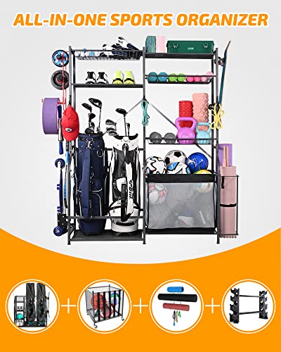 PLKOW Extra-Large Ball and Sports Equipment Storage Rack, Black | Stores 8–10 balls, 2 golf bags, shoes, weights, yoga mats, and sports gear with 1 adjustable wire basket. - color: Black, 66.3"Lx15.7"Wx66.1"H