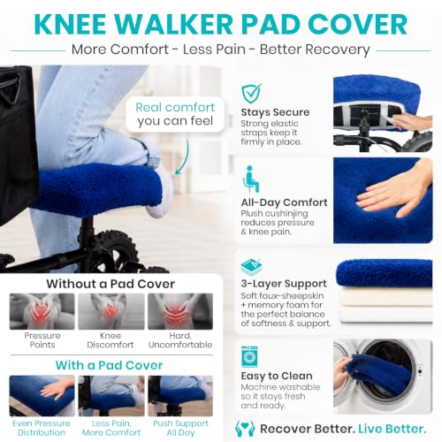 Vive Mobility Knee Scooter Pad Cover - Soft Plush Adult Sheepskin Memory Foam Cushion, Walker Accessory for Knee Roller, Padded Accessories Leg Cart Improves Comfort with Injury, Universal Fit (Blue) - color: Blue