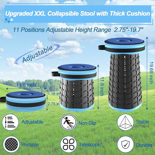 ALEVMOOM Upgraded XXL 19.7" Collapsible Stool with Cushion, Heavy Duty Portable Folding Stool Max Load 1000 lbs, Retractable Telescoping Foldable Seat Chair for Camping Fishing Travel - color: Blue