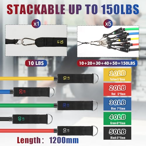 WIKDAY Exercise Resistance Bands with Handles for Working Out Workout Bands Set with Door Anchor for Physical Therapy, Yoga, Pilates - color: Multicolor, size: Light (10-150lb)