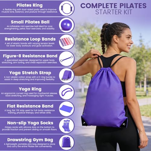 Pilates Kit for Women 13PCS, Pilates Ring Ball Resistance Bands Workout Set | Pilates equipment set for women and beginners, at home pilates kit for mat workouts, toning, stretching and strength training - color: Purple