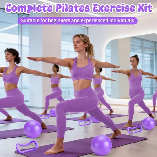 Pilates Equipment Kit for Home Workouts - 18pcs Set- 14'' Pilates Ring and Ball Set for Women, Pilates/Yoga Accessories Kit with Wrist Weights, Resistance Bands, Core Sliders, Yoga Strap - color: purple M