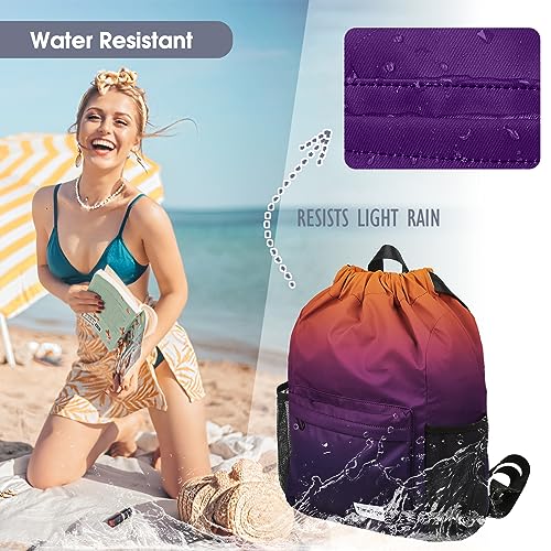 Drawstring Backpack Sports Gym Sackpack with Mesh Pockets Water-Resistant String Cinch Beach Bag for Men Women(Orange Purple) - color: Orange Purple