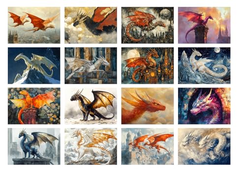 Decoupage Paper Pack (35 Sheets 6"x8") Regal Fantasy Dragons ~ Powerful Dragons in Fiery Reds, ICY Whites, and Twilight Tones, Captured mid-Flight in Epic Fantasy Illustration Painterly Richness - color: Four