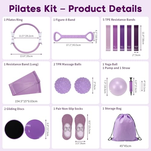 Hoikwo Purple 15 Pcs Pilates Kit for Women Resistance Bands Combo Yoga Sets | 7.3" Yoga Ball with Pump, 5 TPE Loop Bands, Long Band, Figure-8 Band, 2 Sliders, Grip Socks and Storage Bag for Home, Gym