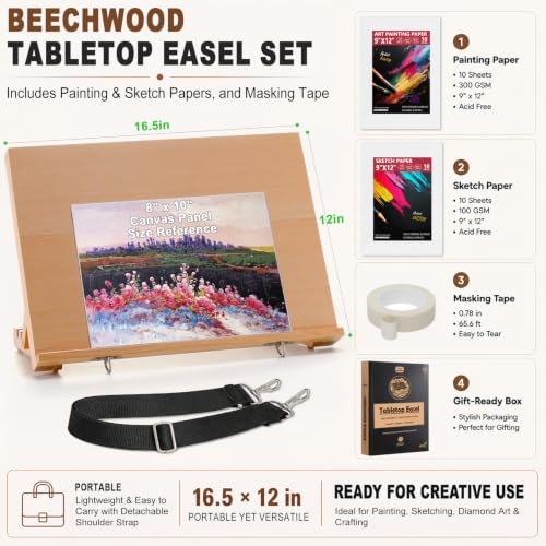 16.5"x12" Beechwood Tabletop Easel with Paint and Sketch Papers,Mask Tape | Portable Adjustable Art Easel with Detachable Strap, Drawing Board for Painting, Sketching and Diamond Art - style: A3