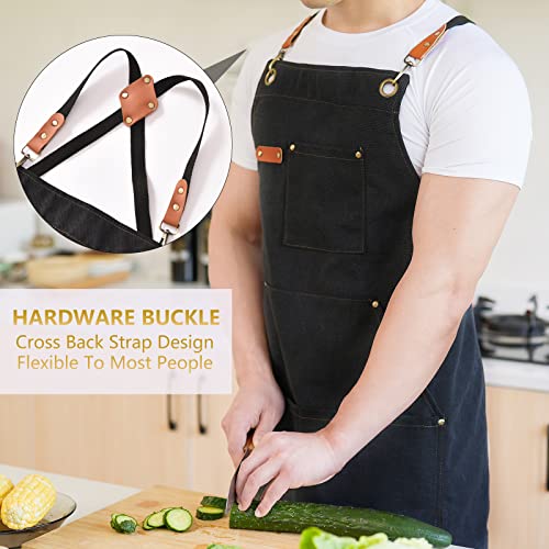 Aoomzoon Canvas Aprons for Men Chef Apron, Work Apron with Large Pockets - 16oz Heavy Duty Cross Back, BBQ, Cooking - color: Black②