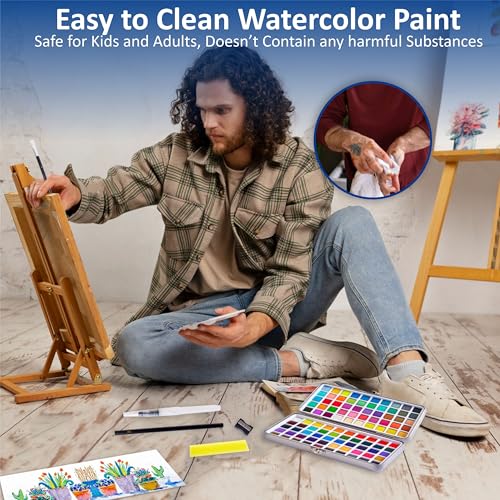 Professional Watercolor Paint Set - 100 Colors Travel Art Kit | Includes 6 detail brushes, water brush pen, nylon brush, sponge, swatch sheet, and supplies for adults, artists & students - style: Set of 100 colors